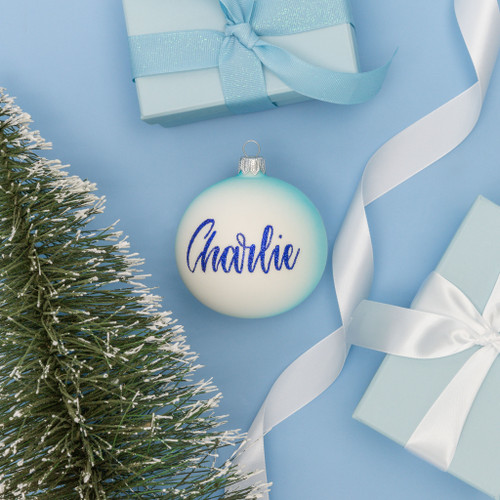 baby blue bear with christmas present personalised christmas bauble 8cm with writing