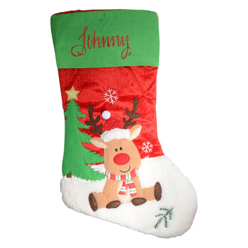 cute reindeer personalised christmas stocking with writing
