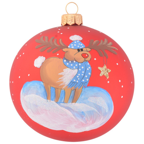 Cute moose with scarf on red bauble 10cm front