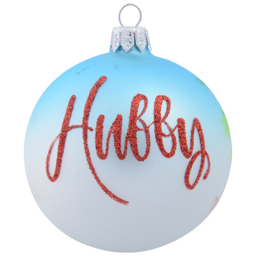 Santa with drink on beach baby blue bauble 8cm front