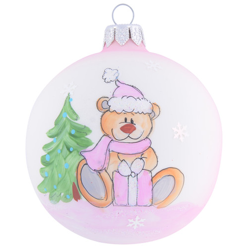 Teddy Bear with Pink Present for Girls Personalised Christmas Bauble - Baby Pink - 8cm