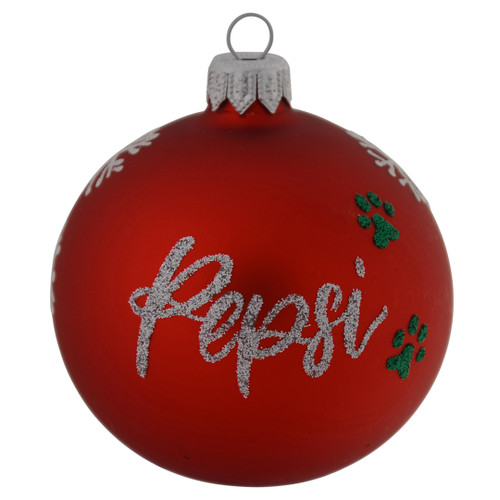 Cute Puppy with Christmas Hat and Bone Personalised Christmas Bauble - Red - 8cm - Front