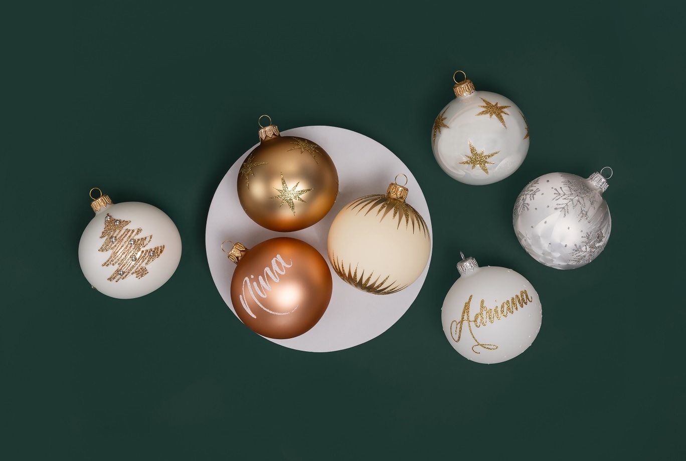 Artisan Ornaments classic personalised Christmas baubles with gold designs and calligraphy