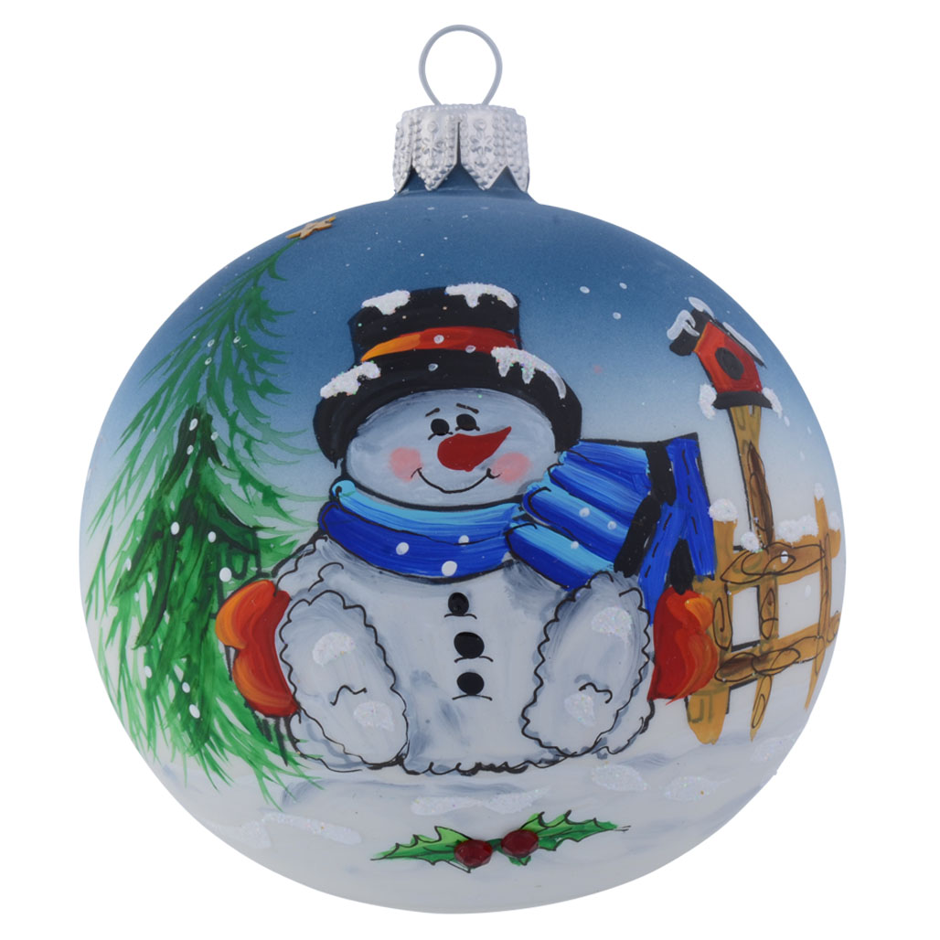 Snowman with Blue Scarf & Fence Personalised Christmas Bauble - Baby Blue - 8cm front