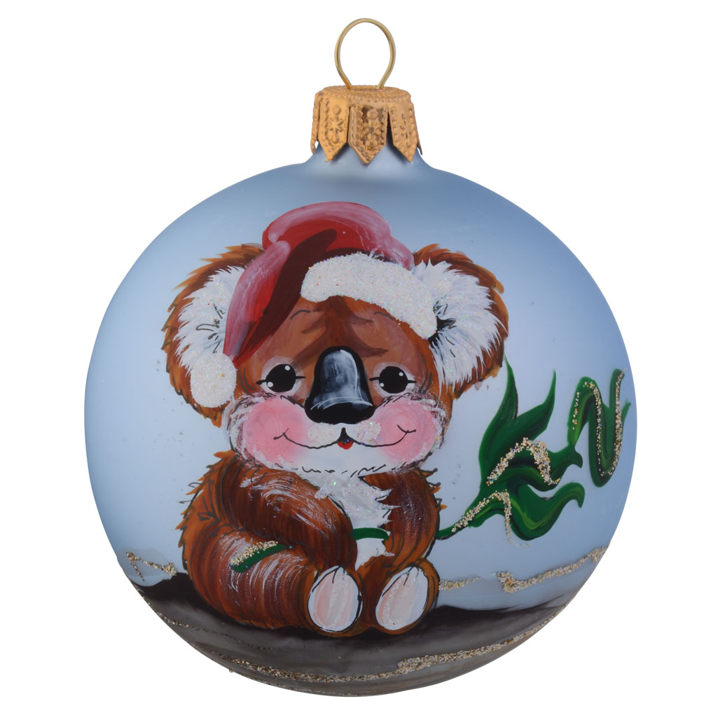 Koala holding Green Branch Personalised Christmas Bauble - 8cm front