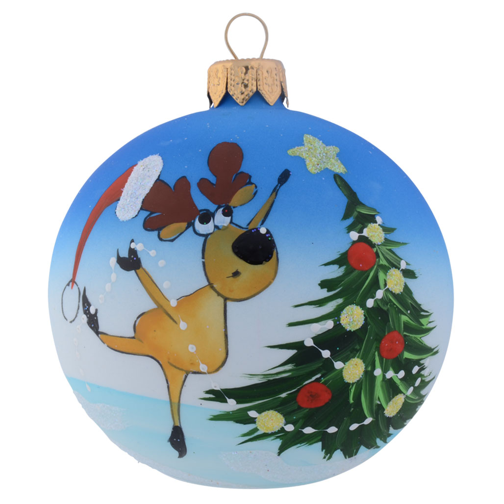 Reindeer Decorating Christmas Tree Personalised Christmas Bauble - Baby Blue - 8cm front