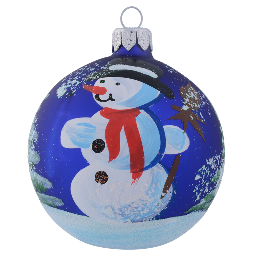 Snowman Carrying Broomstick Personalised Christmas Bauble - Blue - 8cm front