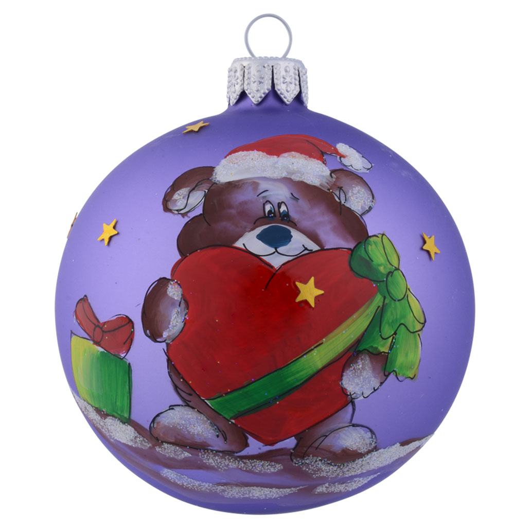 Teddy Bear Holding Giant Red Heart Personalised Christmas Bauble - Purple - 8cm front
