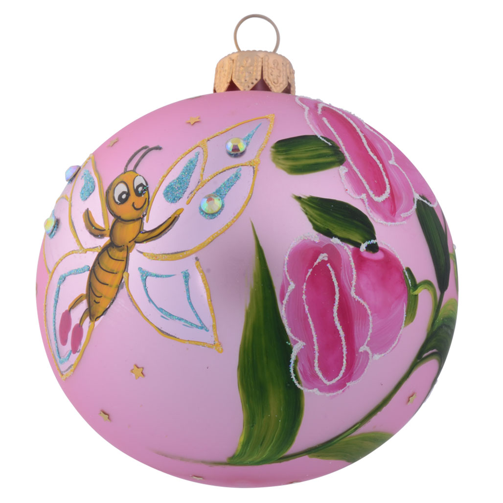 Butterfly with Pink Flowers Personalised Christmas Bauble - Pink - 8cm front