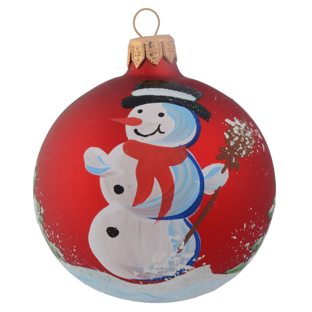 Snowman Carrying Broomstick Personalised Christmas Bauble - Red - 8cm