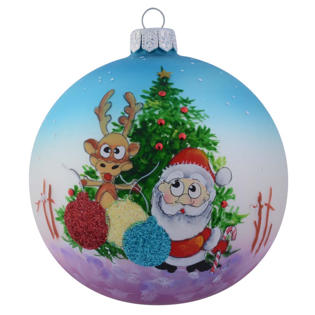 Santa with Reindeer and Christmas Tree Personalised Christmas Bauble - Baby Blue - 10cm