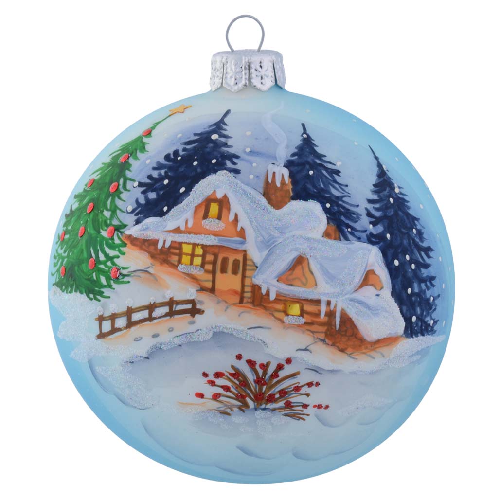 Hand Painted Snow Covered House Personalised Christmas Bauble Blue 10cm front