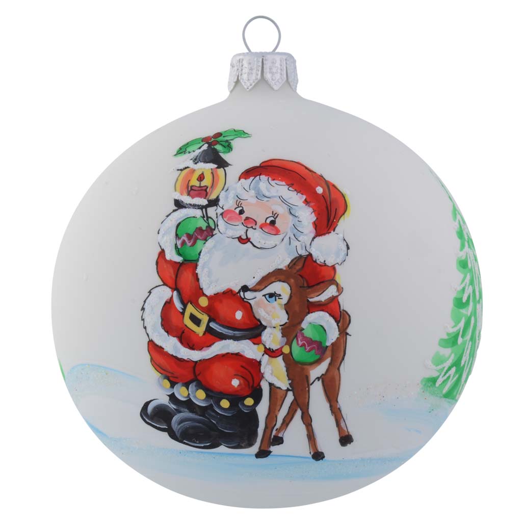 Santa with Reindeer Helper Personalised Christmas Bauble White 10cm front