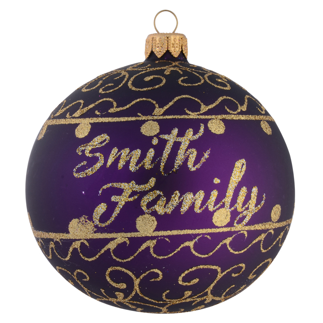 Purple Personalised Christmas Bauble with Gold Ornamental Pattern 10cm with name