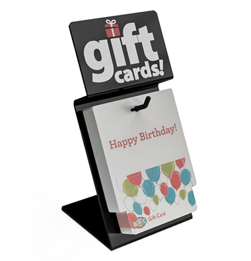 Custom 1-hook black acrylic gift card display with branded top.