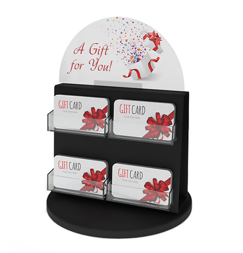Double-sided 8-card black acrylic gift card display with branded arched top.