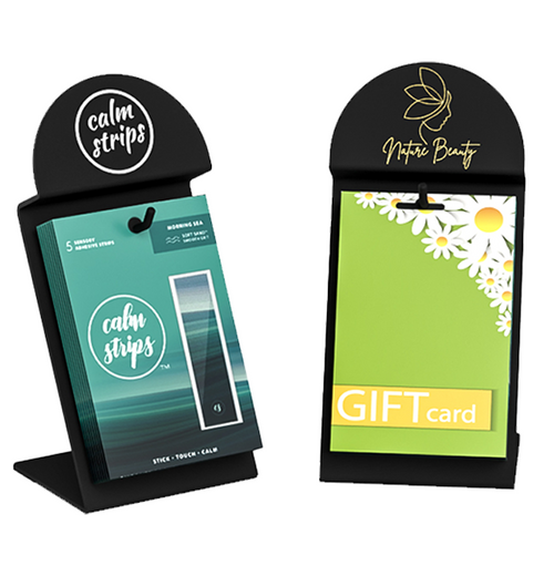 Custom 1-hook black acrylic gift card display with branded arched top.