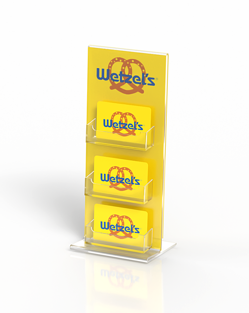 Custom 3-pocket gift card display with branded sign holds 90 cards vertical.