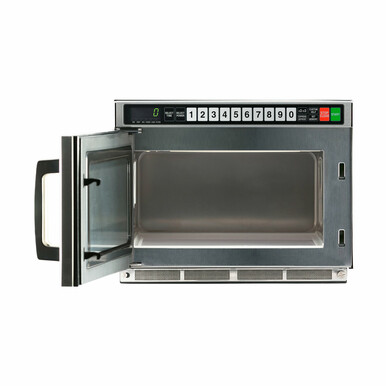 Sharp Twintouch™ 1800 Watt Commercial Microwave Oven with Dual TouchPads (RCD1800M) – front view with door open