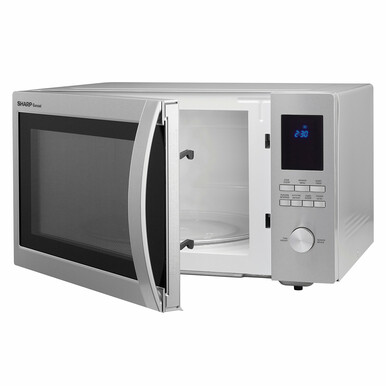 1.6 cu. ft. Sharp Stainless Steel Carousel Countertop Microwave (SMC1655BS) – left angle view with door open