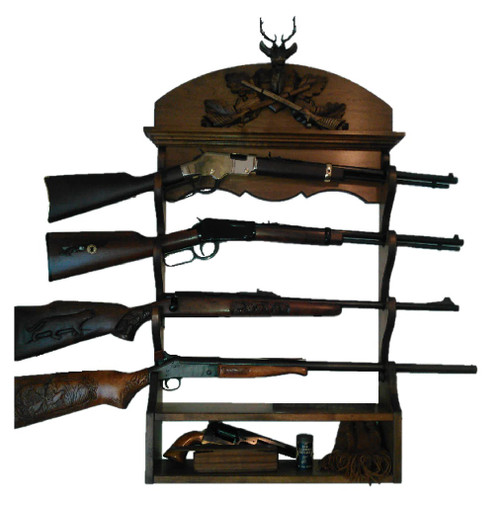 Walnut Wooden 4 Place Wall Gun Rack Black Forest Carved Deer Stag