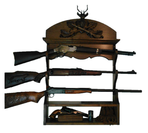Walnut Wooden 3 Place Wall Gun Rack Black Forest Carved Deer Stag