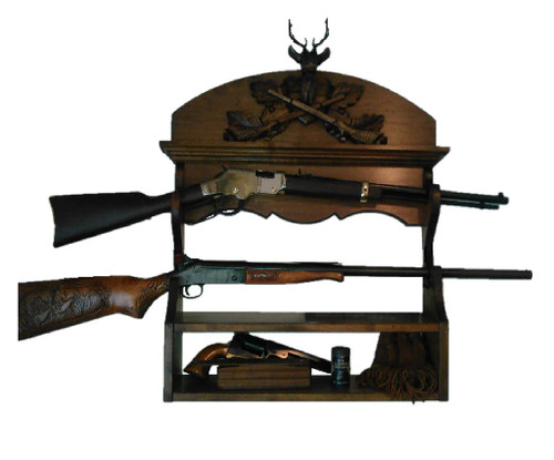 Walnut Wooden 2 Place Wall Gun Rack Black Forest Carved Deer Stag