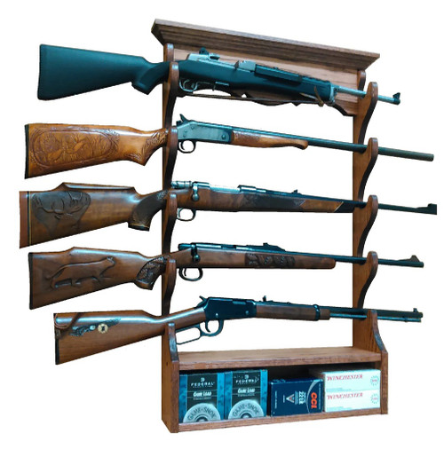 Oak Wooden Gun Rack 5 Place Rifle Shotgun Wall Display - Ammo Storage