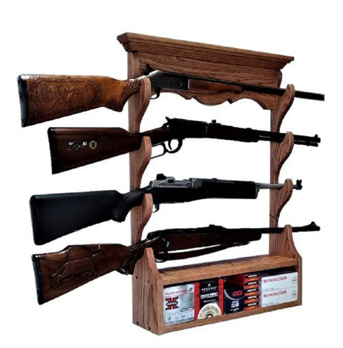 Oak Wooden Gun Rack 4 Place Rifle Shotgun Wall Display - Ammo Storage