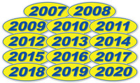 Oval Year Window Sticker - Navy Blue on Yellow (QTY: 12)