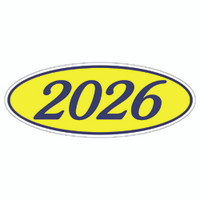 Oval Year Window Sticker - Navy Blue on Yellow (QTY: 12)