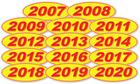 Oval Year Window Sticker - Red on Yellow (QTY: 12)