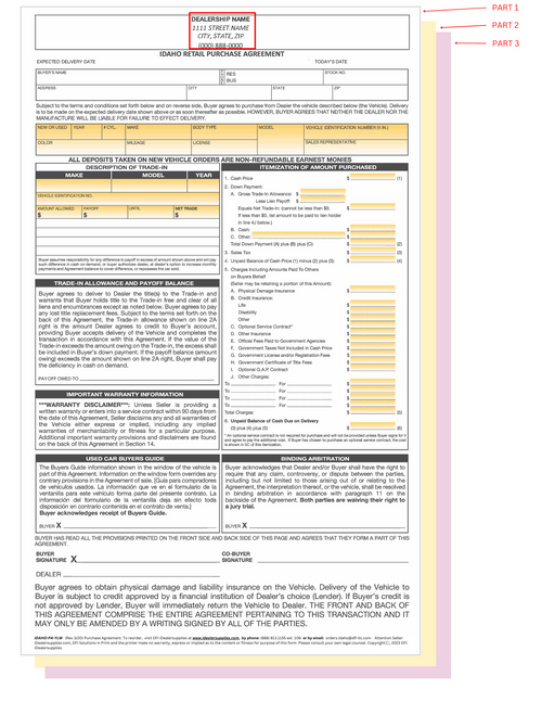 Idaho Retail Purchase Agreement w/Yellow (IADA-V003) 250/pk