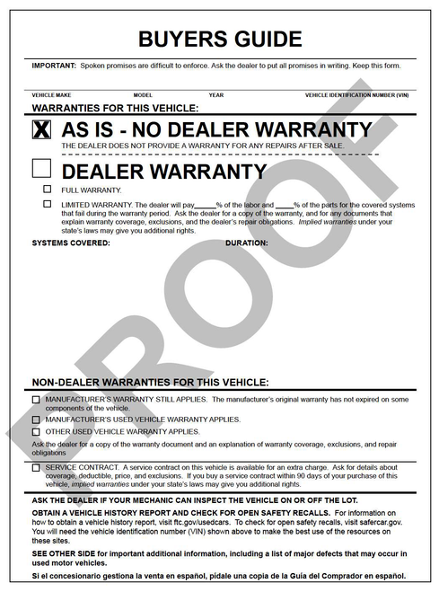 SALE: Pre-Printed; 8.5" x 11" 1-Part Window Label "As-IS" Buyers Guide #8252 (Qty: 100)