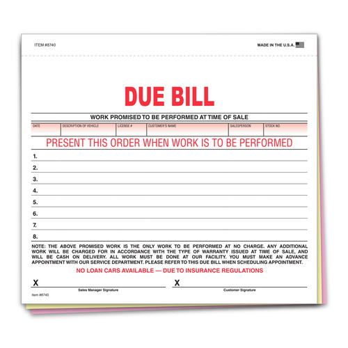DUE BILL FORM - 3 PART - QTY. 100