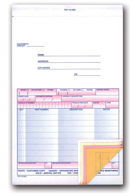 Special Parts Order Forms (Stock)  5-Part   Form# TOY-115-5NC