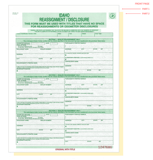 Title Reassignment Form: ITD-3584 (IDAHO-13) QTY: 100