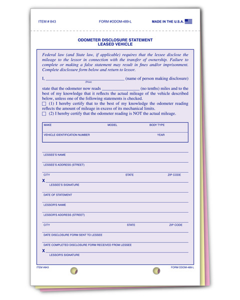 3-Part Lease Odometer Statement Form (ODOM-489-L) - QTY. 100