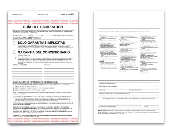2-Part Buyers Guide #8253- Implied Warranty - Spanish (Qty: 100)