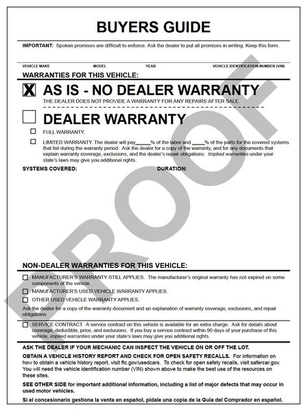 SALE: Pre-Printed; 8.5" x 11" 1-Part Window Label "As-IS" Buyers Guide #8252 (Qty: 100)