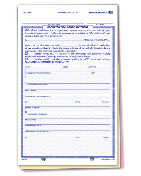 3-Part Odometer Disclosure Statements (Blue Screened) Form# 841-ODOM-103-N