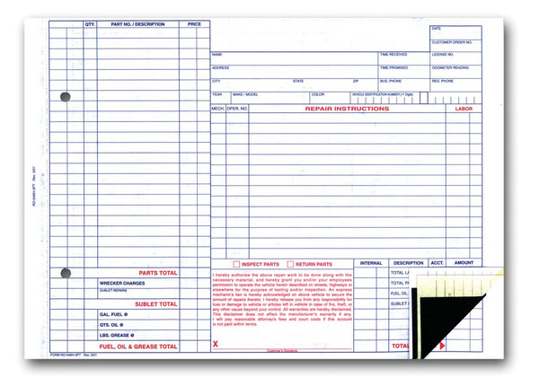 Repair Order   3-Part, Carbon Interleaved    Form# RO-546H-3PT
