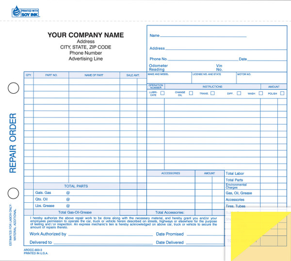 Repair Order   3-Part, Carbonless   Form# RO-600-3