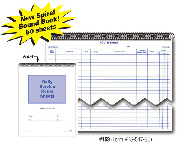 Daily Service Route Sheets   Spiral Bound   Form# RS-547-SB