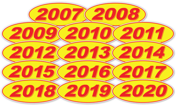 Oval Year Window Sticker - Red on Yellow (QTY: 12)
