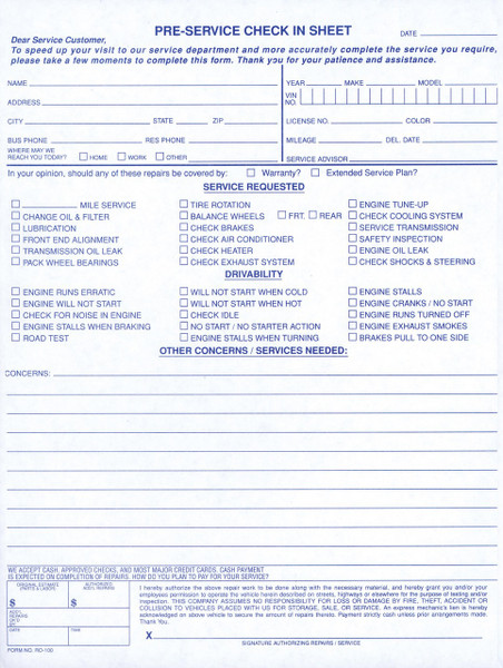 Pre Service Check In   Form# RO 100
