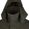 Attached roll-away hood with drawcord and studs. Chin flap