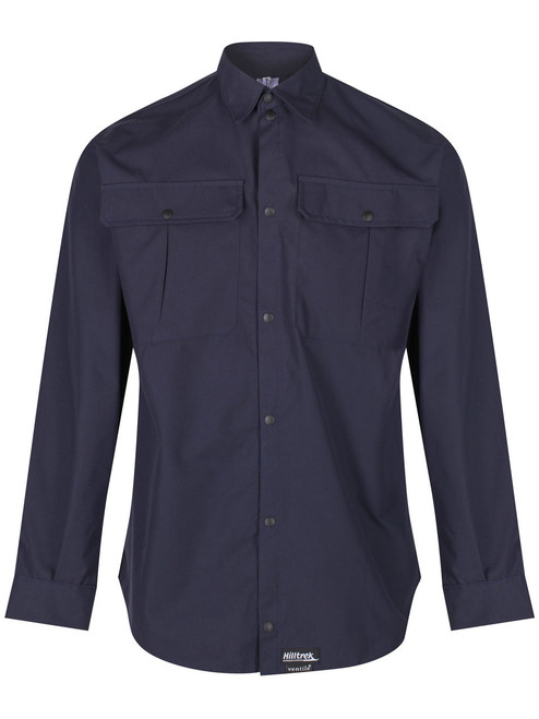  Colour: Navy. Front fastening with plastic studs and collar with collar stand.