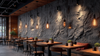 Intérieur restaurant avec panneaux PU Eiger noir, ambiance industrielle moderne.