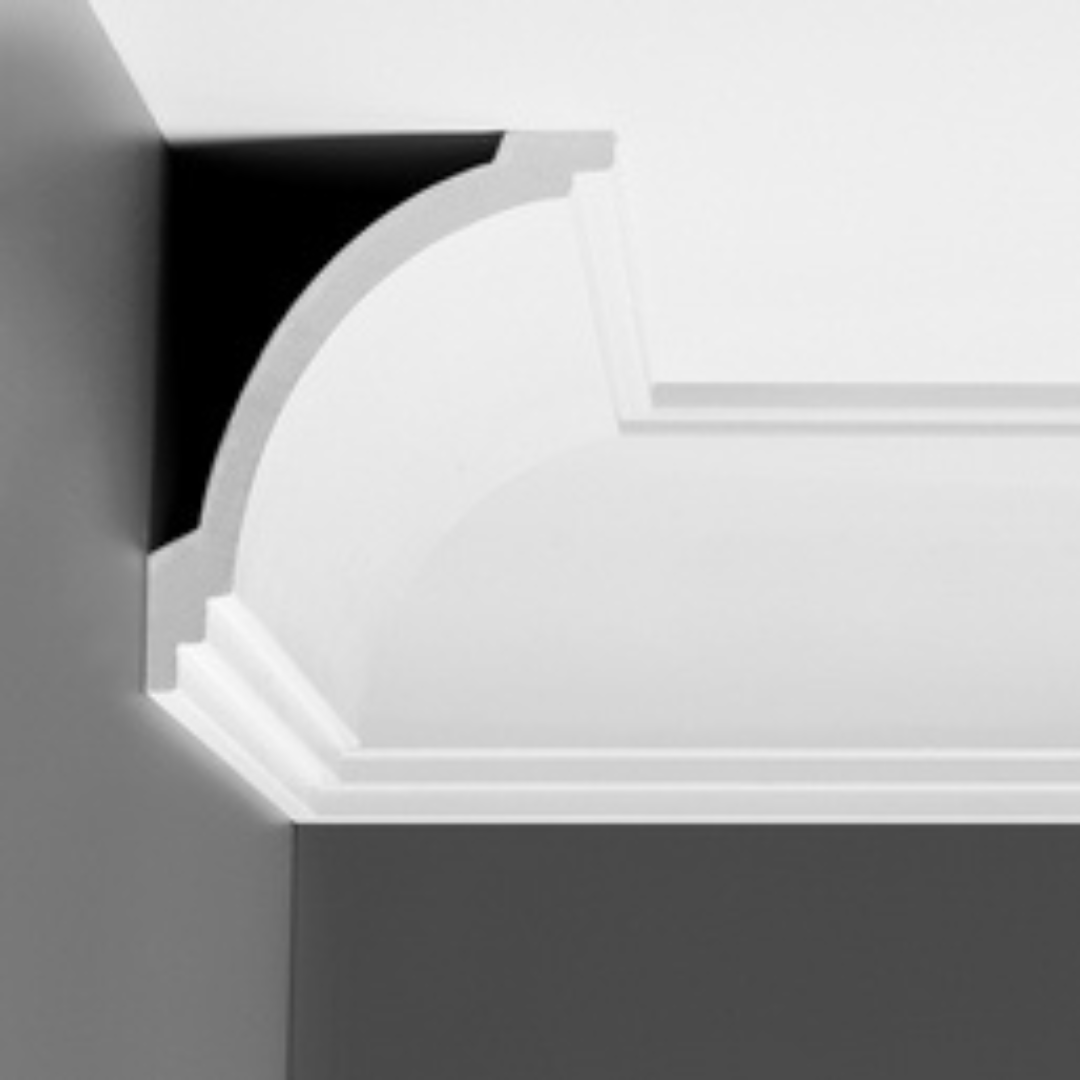 Corniche de plafond CAR-121 en vue frontale, finition blanche mate, design épuré.